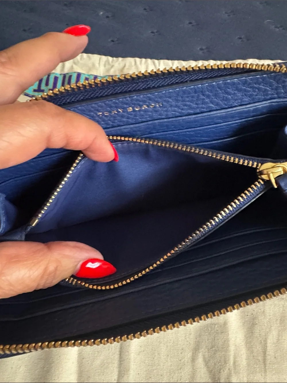 Tory Burch Deep Blue Zip-Around Leather Wallet